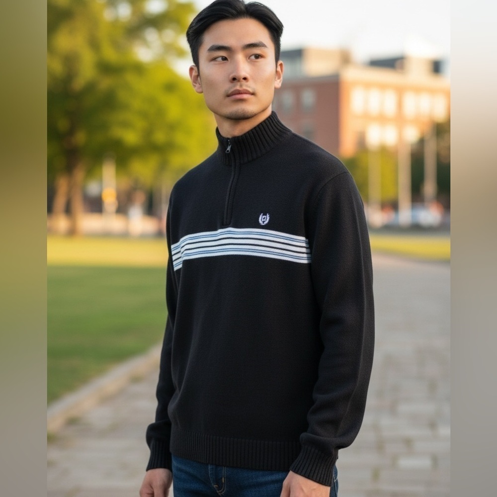Chaps Mens Quarter Zip Sweater Size S Brown Striped Mock Neck Pullover